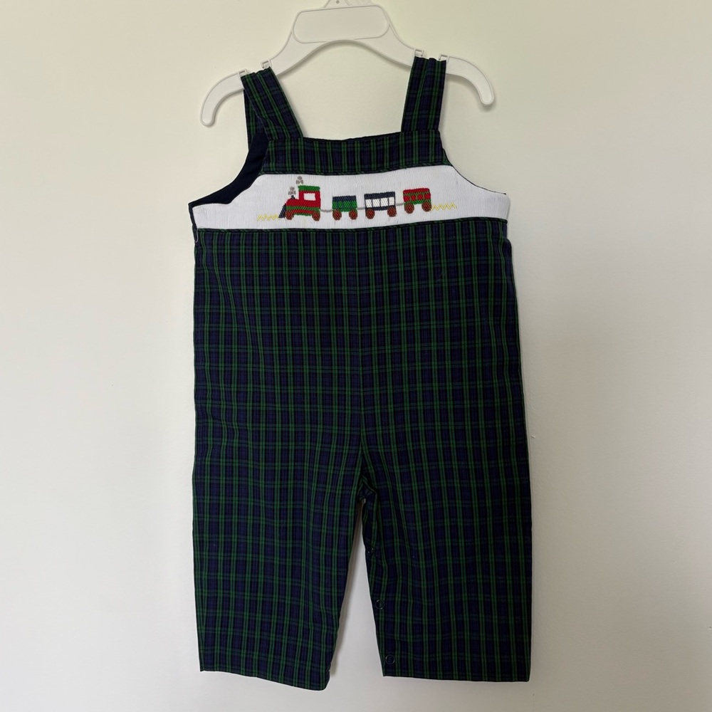 TBBC Beaufort Bonnet Company Smocked Teddy’s Tab Longall Trains 0-6 M Green